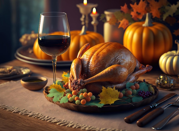 Thanksgiving dinner Roasted turkey served on the table closeup view