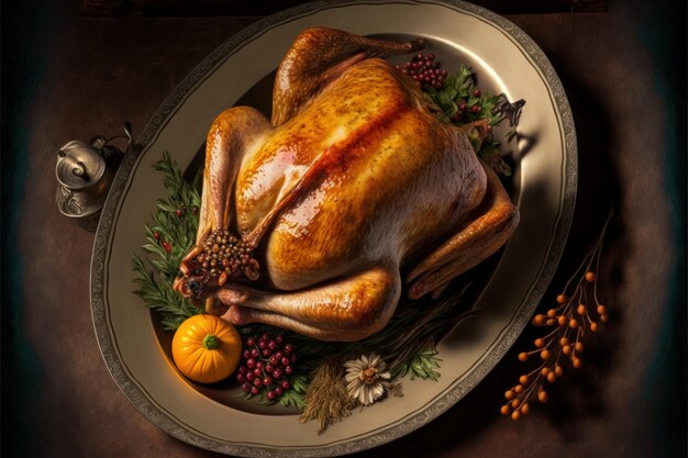 感謝祭のディナー テーブルのクローズ アップ ビューで提供される七面鳥のロースト