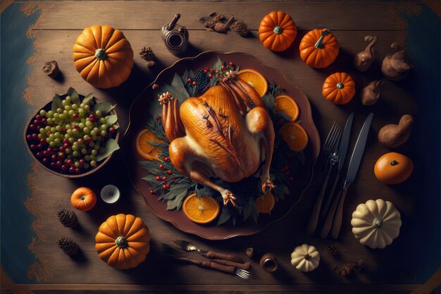 Thanksgiving dinner Roasted turkey served on the table closeup view