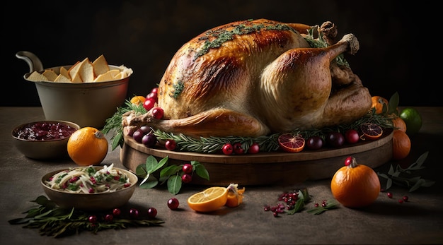 Thanksgiving dinner Roasted turkey served on the table closeup view