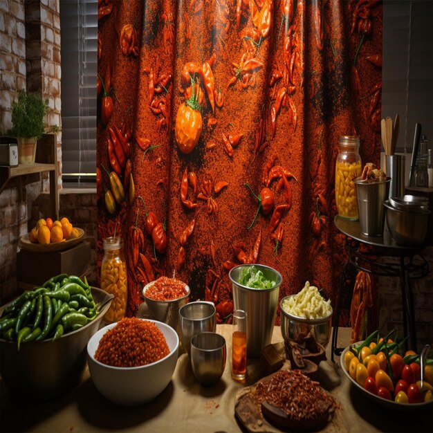 Photo thanksgiving dinner on a rustic wooden table with pumpkins vegetables and wine