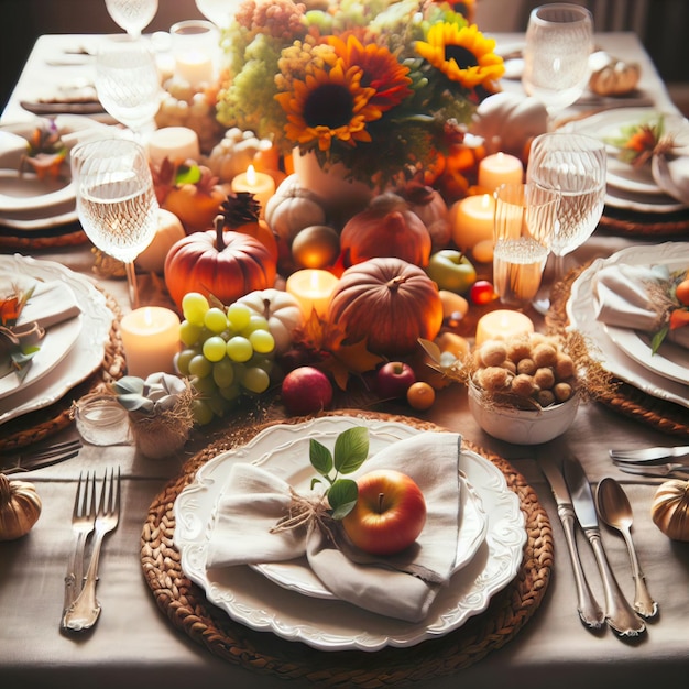 Foto un tavolo per la cena del ringraziamento con piatti bianchi