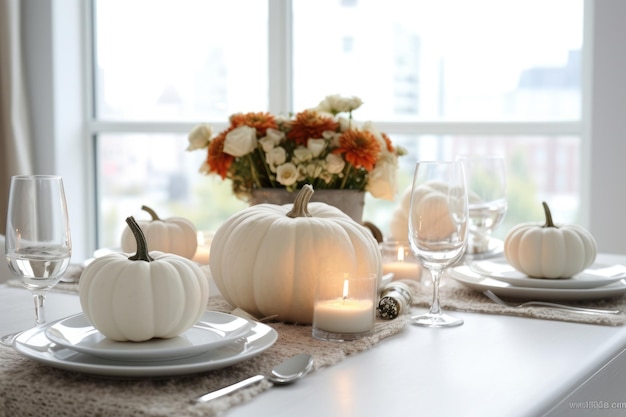 Thanksgiving dinner table setting in a light modern dining room fall home decoration generative ai