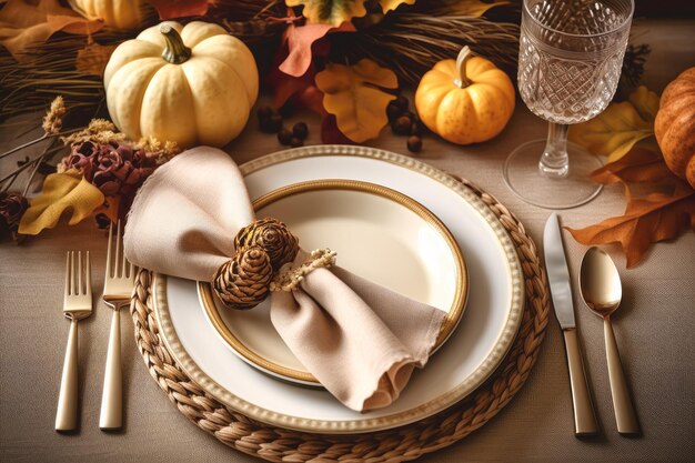 Thanksgiving dinner table setting with autumnal decorations Generative AI