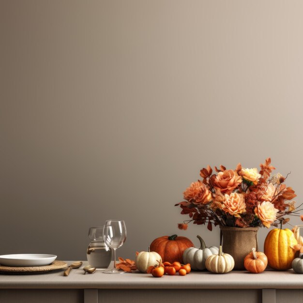 Photo thanksgiving dinner table with pumpkins and flowers