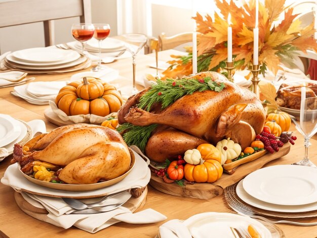 ダイニングテーブルの上に装飾された感謝祭の夕食
