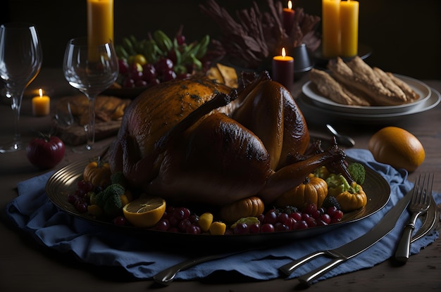 Thanksgiving dinner with delicious meal Roast turkey vegetables fruits homemade gourmet