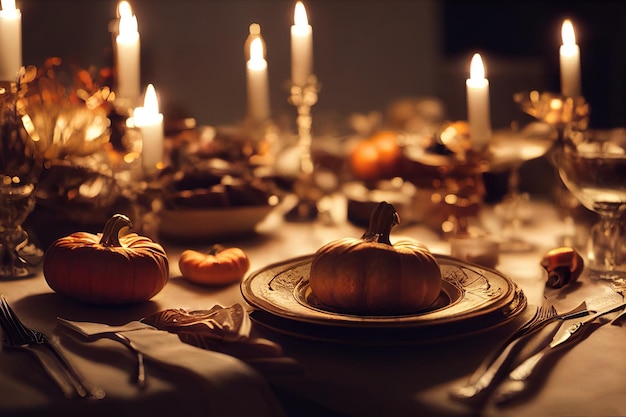 Thanksgiving dinner with pumpkin by candlelight Digital illustration