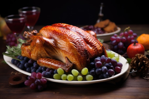 Thanksgiving dinner with roasted turkey and candles autumnal or christmas decoration