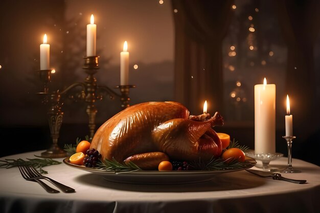 Thanksgiving dinner with roasted turkey and candles on table in dark room