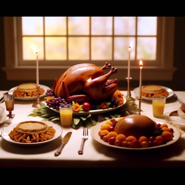 Thanksgiving dinner with roasted turkey fruits and candles on a wooden table