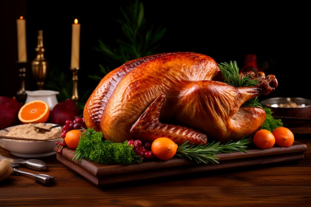 thanksgiving dinner with roasted turkey on rustic wooden table autumnal or christmas decoration