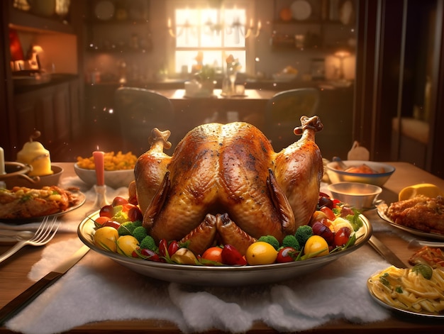 A thanksgiving dinner with a turkey on the table