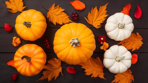 Thanksgiving en herfst compositie pompoen katoen bloemen en herfst bladeren