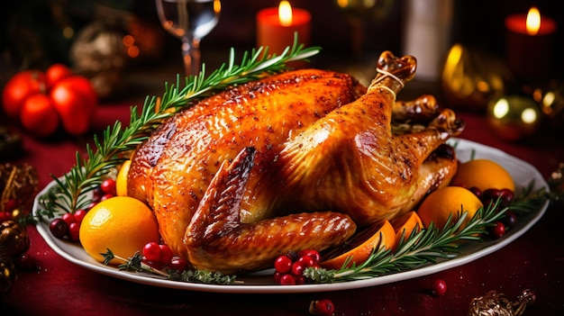 感謝祭のごちそう、ジューシーなアラフライのシトラスツイストと香り豊かなローズマリーを添えた七面鳥の調理 生成 AI
