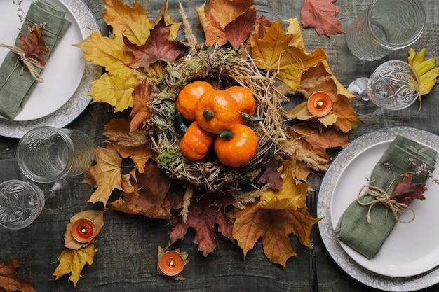 Thanksgiving feast table setting Table decoration for autumnal holiday