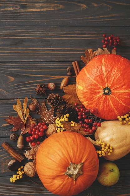 Thanksgiving flat lay pumpkins autumn leaves anise acorns\
cinnamon border on rustic dark wood