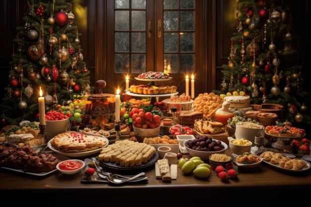 写真 感謝祭のパーティー招待状の食べ物とデザートテーブルの上の夕食とクリスマス パーティーのお祝い新年あけましておめでとうございますとクリスマス シーンの食べ物とお菓子でいっぱいの木製テーブル