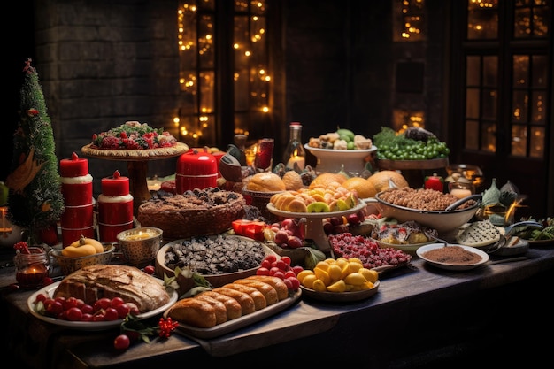 Thanksgiving Food and Dessert for party invitation Christmas party celebration with dinner meal on table Happy new year and Xmas scene wooden table full of food and treats