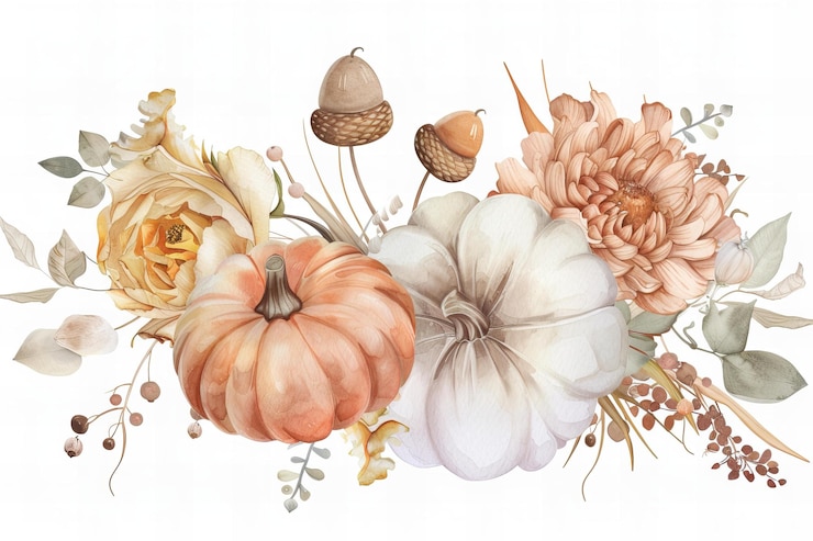Photo thanksgiving greeting card illustration watercolor beautiful autumn flowers pumpkin and acorn illust