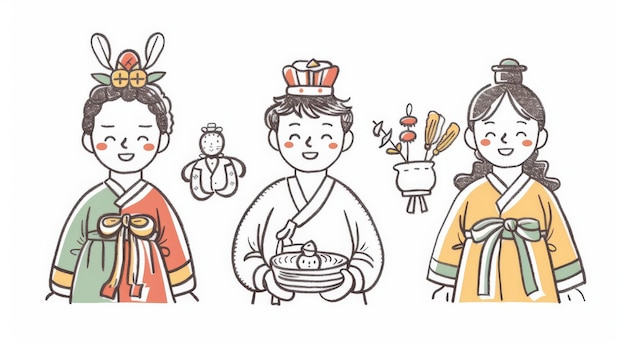 사진 한국 스타일의 현대적인 디자인의 추수감사절 인사카드 남성과 여성은 전통적인 한국 의상을 입고 전통적인 한국 인사를 하고 있습니다.