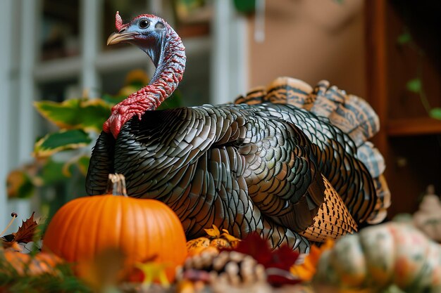 Photo thanksgiving greeting card with a turkey and pumpkin
