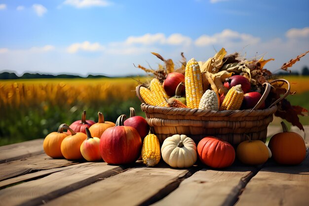 Photo thanksgiving harvest basket of pumpkins and corn on rustic table