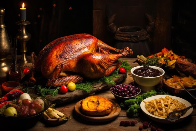 Thanksgiving hele kalkoen gegrild en gerechten als aanvulling op het hoofdgerecht op een houten eettafel