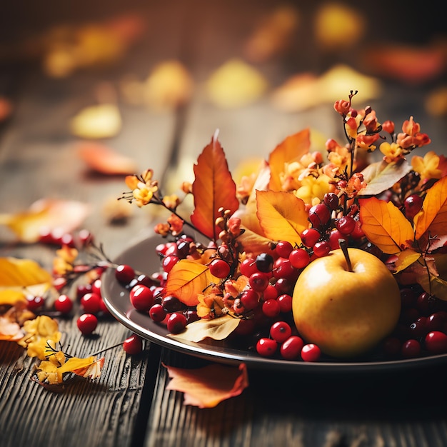 Thanksgiving Herfst achtergrond van gevallen bladeren en fruit met vintage plek op oude houten tafel