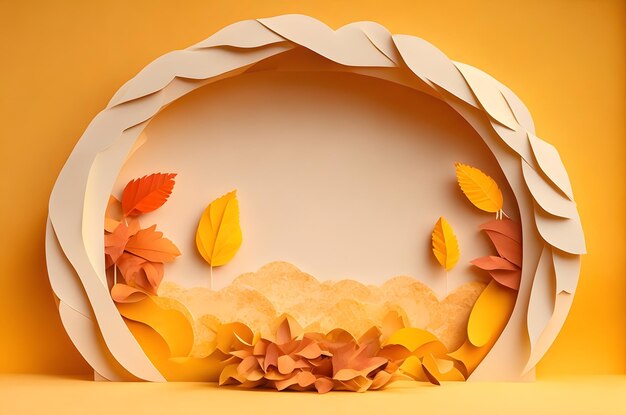 Thanksgiving herfst podium met planten en pompoen papier kunststijl ai gegenereerde achtergrond