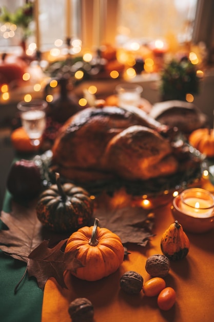 Thanksgiving holiday dinner table setting with fall decoration\
and pumpkins