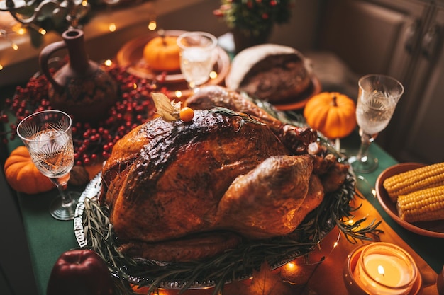 Thanksgiving holiday dinner table setting with fall decoration\
and pumpkins