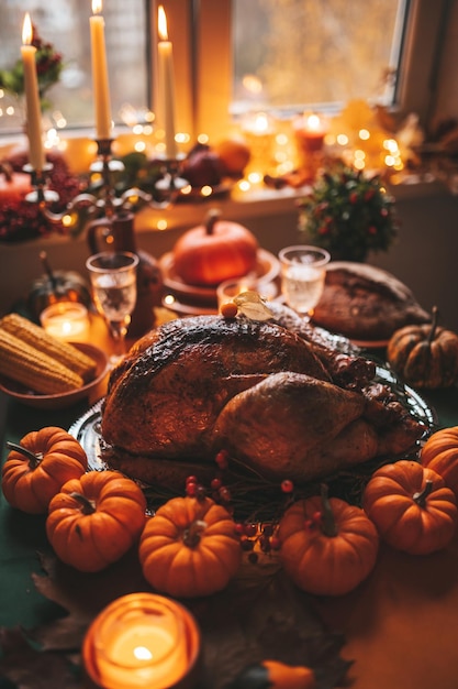 Thanksgiving holiday dinner table setting with fall decoration\
and pumpkins