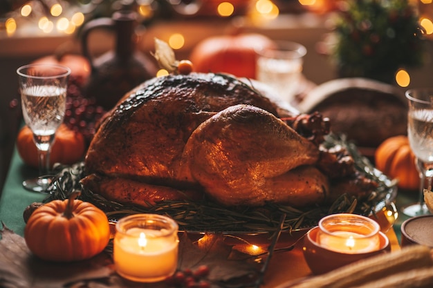 Thanksgiving holiday dinner table setting with fall decoration\
and pumpkins