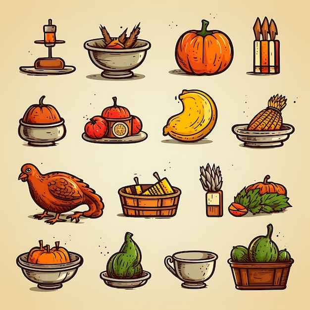 Foto thanksgiving iconen happy thanksgiving thanksgiving iconen bundel cartoon iconen voor thanksgiving day