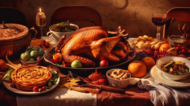 Thanksgiving landelijk diner met gekookte kalkoen op een tafel Generatieve AI