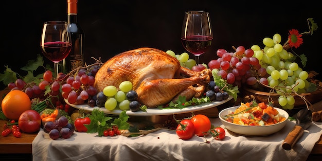 Thanksgiving meal cheer of delicious vine and chicken