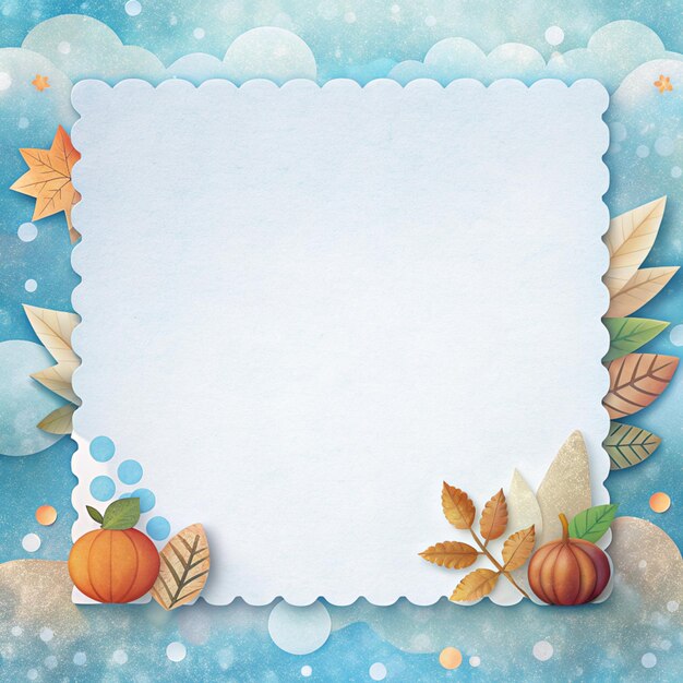 Foto biglietto di auguri di carta bianca per il ringraziamento con foglie d'autunno e zucca su sfondo blu