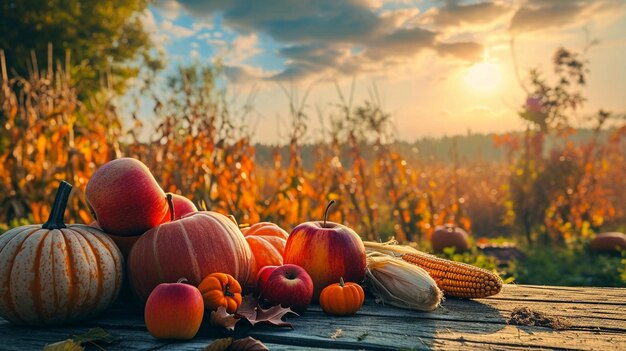 Thanksgiving met pompoenen appels en maïs op houten tafel met veldbomen en hemel op de achtergrond