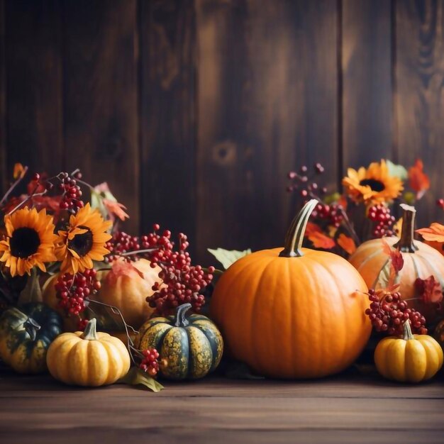 Thanksgiving of herfst scène met pompoenen herfst bladeren en bessen op houten tafel herfst backg