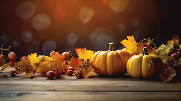 Thanksgiving of herfstscène met pompoenen, herfstbladeren en bessen op houten tafel