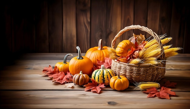 写真 木製の背景のワイカーバスケットに南瓜を飾った感謝祭や秋の装飾