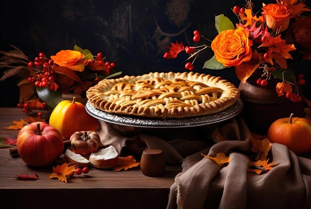 Photo thanksgiving pie with fall themed slices and foliage