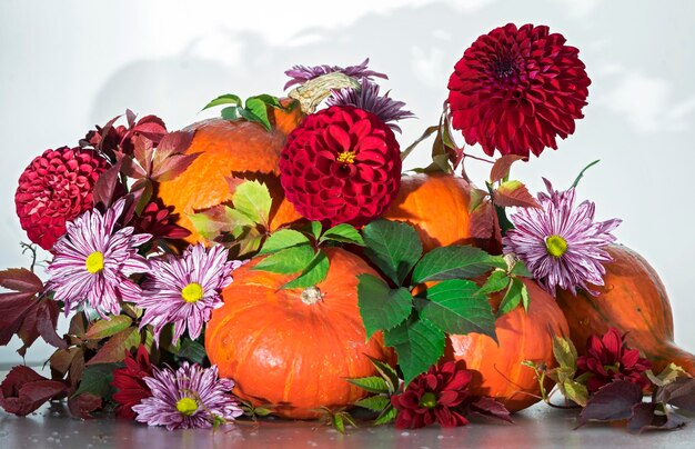 Thanksgiving pompoenen met bloemen en herfstbladeren Herfst achtergrond