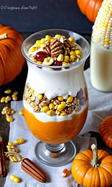 Thanksgiving pumpkin and corn kernel yogurt parfai