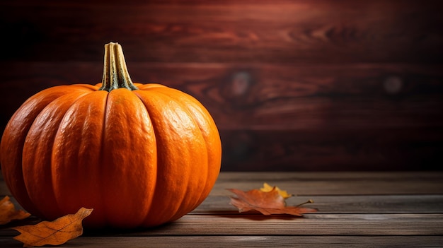 Thanksgiving pumpkin on wooden texture autumn background