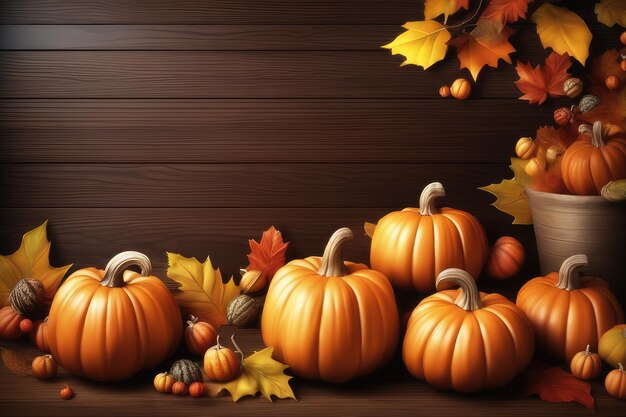 thanksgiving pumpkins and autumn leaves on wooden background