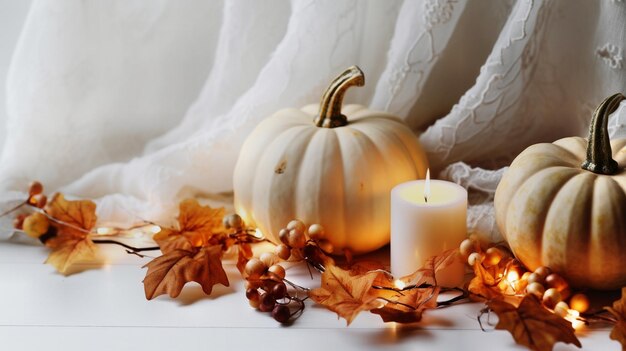 thanksgiving pumpkins and chrysanthemums over white background