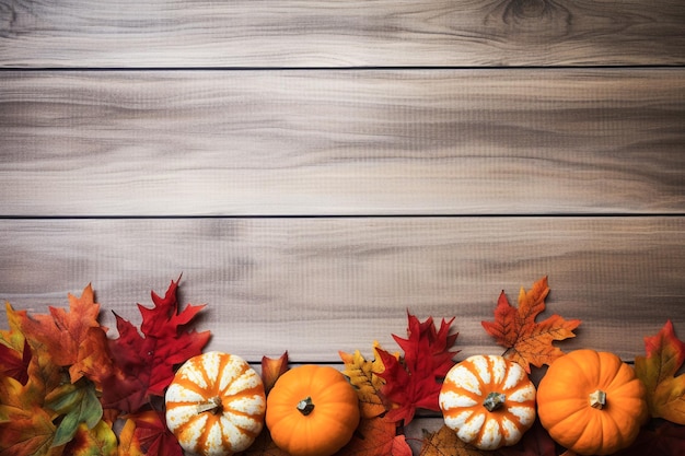 Thanksgiving pumpkins and leaves with a large wooden background Space for text