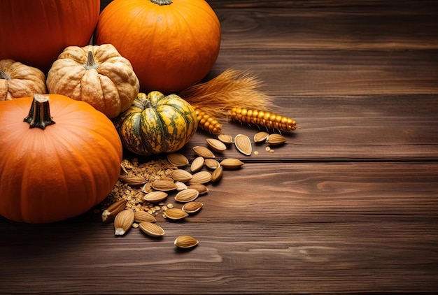 thanksgiving pumpkins and nuts on wooden background